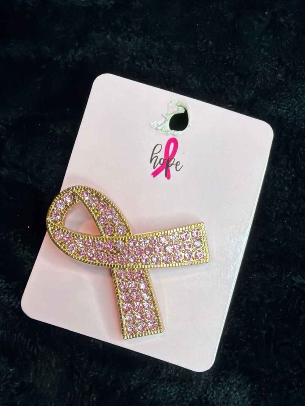 Gold-Tone Pink Crystal Ribbon Brooch – Hope Breast Cancer Awareness